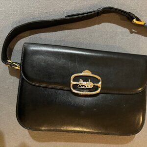 CELINE Vintage Triomphe Black Leather Handbag with Horse Carriage Closure